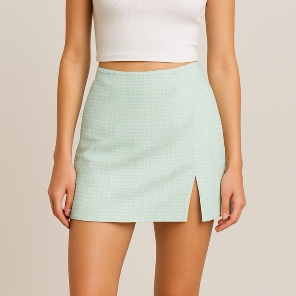 Gingham seersucker green plaid mini skirt with slit